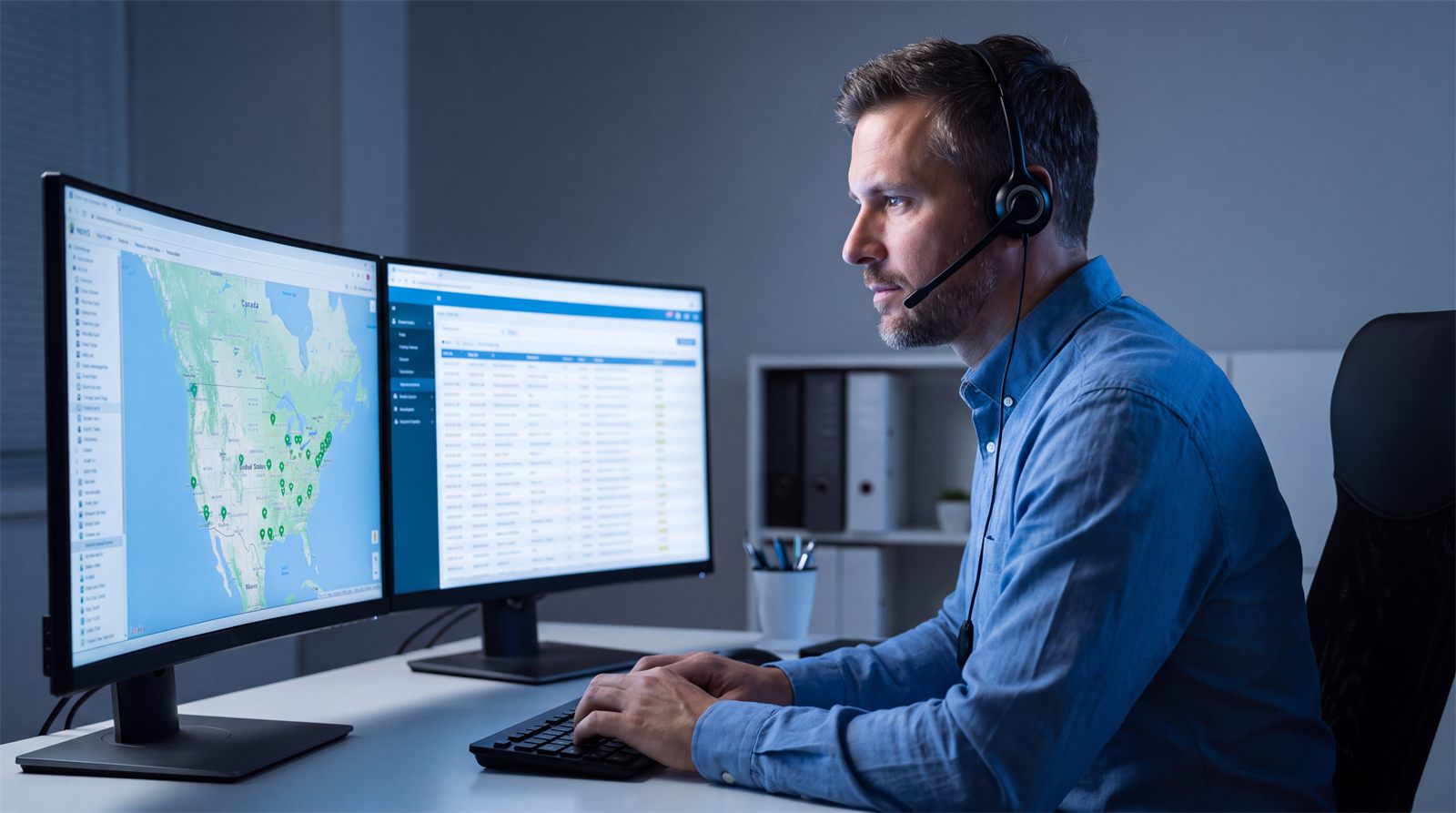 GH Logistics dispatcher with a headset tracking loads on a map