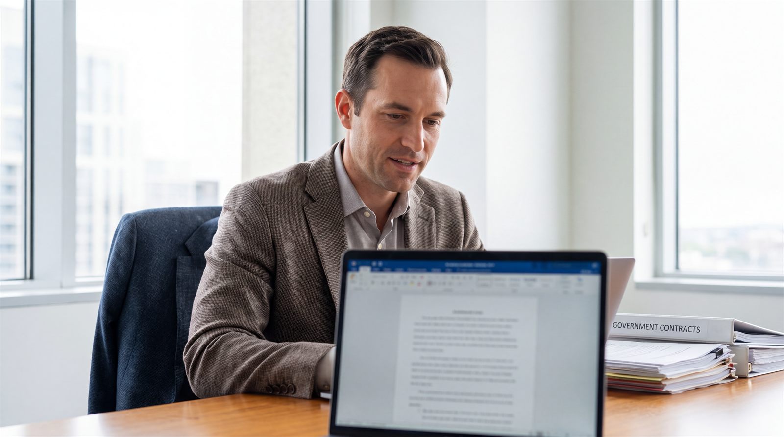 Logistics manager reviewing a government contract on a laptop