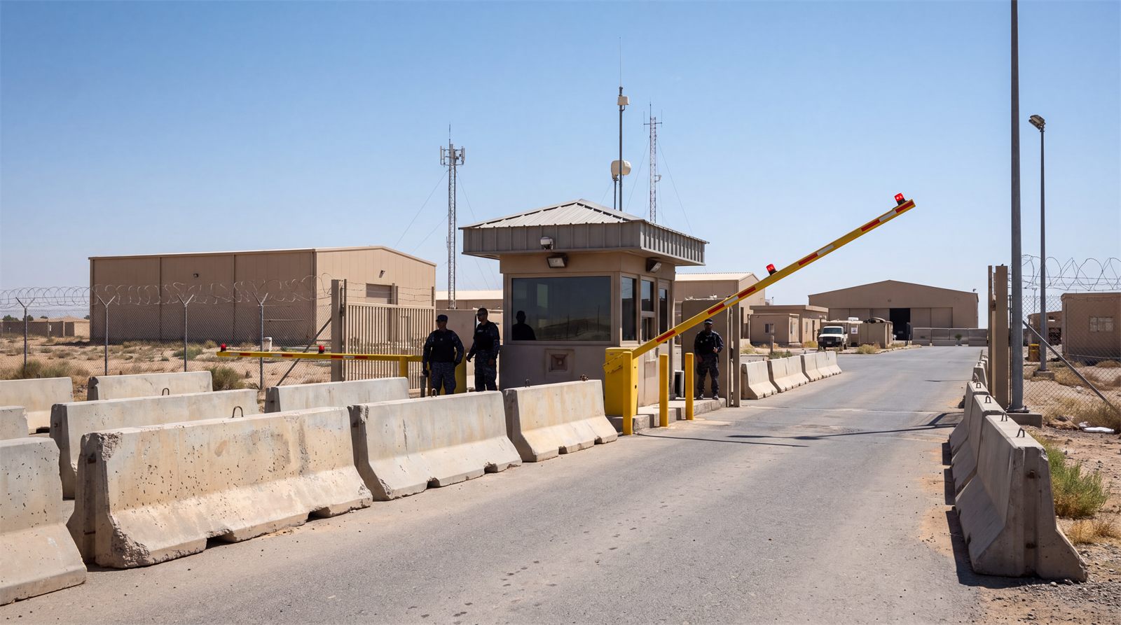 Guarded security checkpoint at the entrance to a military facility