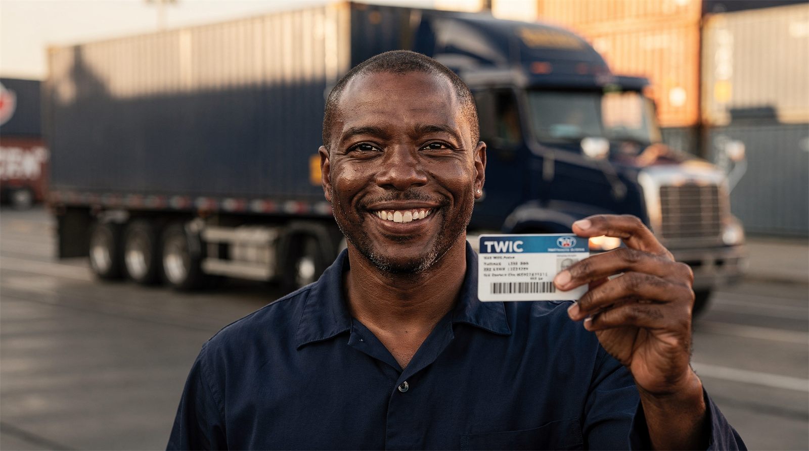 Driver holding up his TWIC card at a port with a tractor-trailer and containers behind him