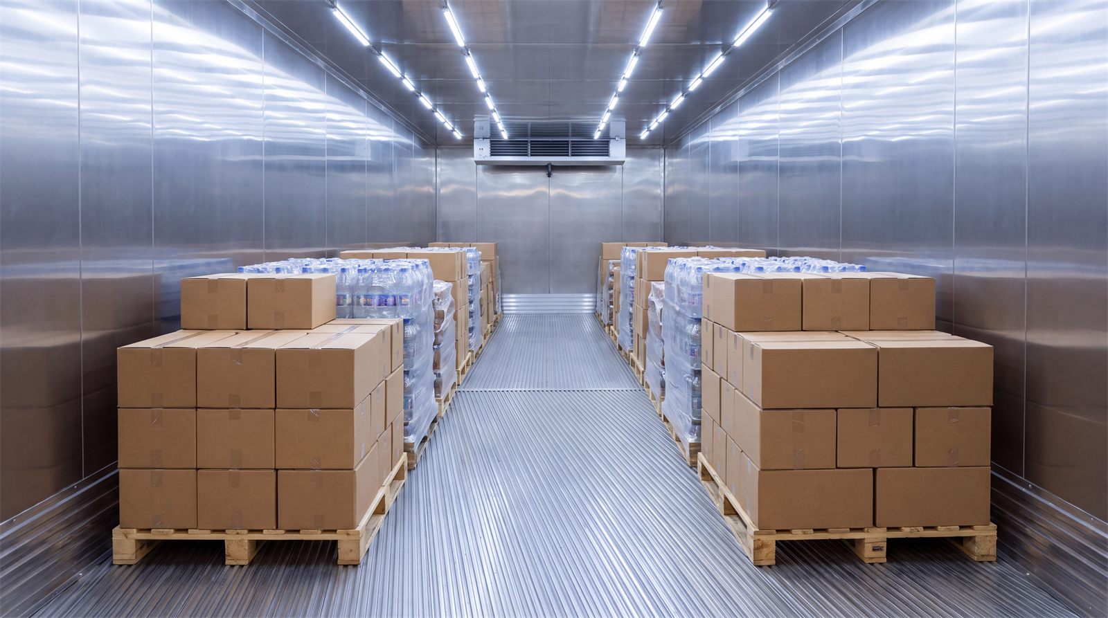 Refrigerated beverage pallets inside a reefer trailer