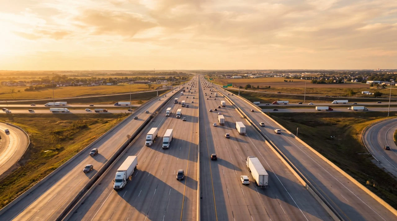 Aerial view of trucks on a highway interchange at sunset